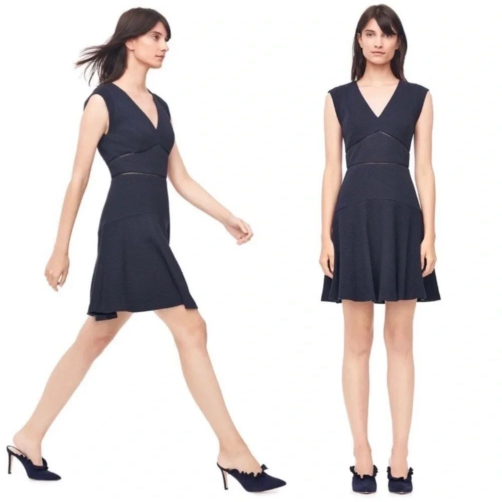 Rebecca Taylor V-Neck Dark Blue Textured Knit Fit & Flare Mini Dress  Size 8